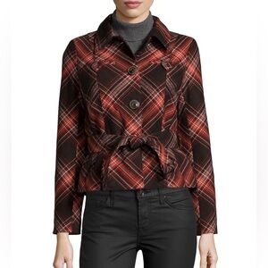 Raison D’etre Wool Blend Red Brown Plaid Peplum Jacket Belted Size Medium